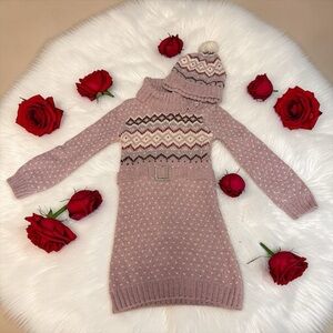Little Lass Pink Cowl Neck Sweater Dress with Hat